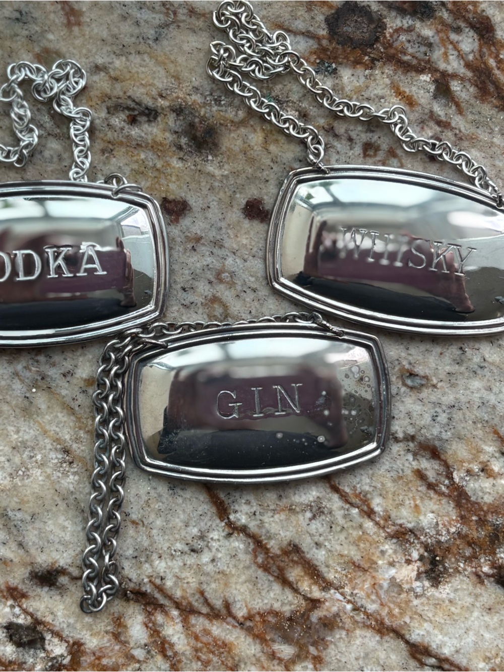 Vintage Silver tone Liquor Tag Necklace - Gin, Whiskey, Vodka